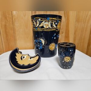 3 PC Celestial Sun Moon Blue Gold Astrology Cobalt Waste Basket Toothbrush Soap